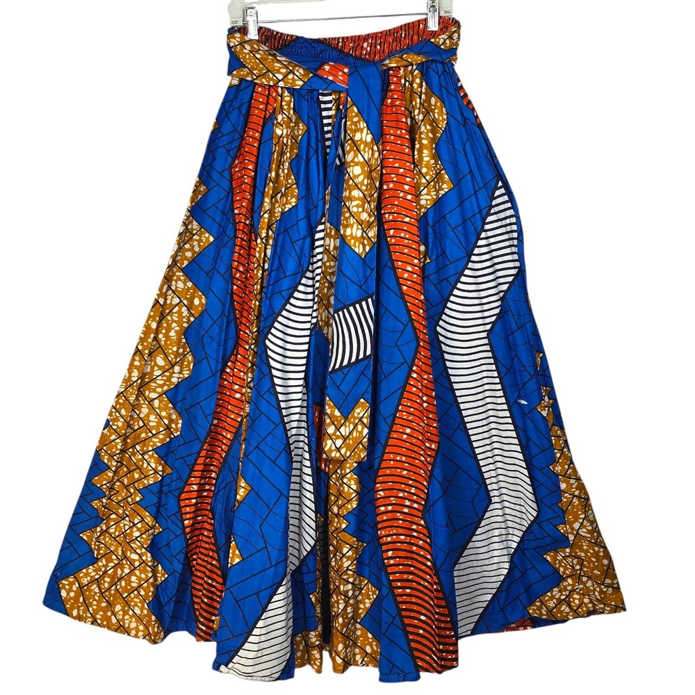 Rainbow Ankara Wax Print Maxi Skirt Blue Orange Geometric Cotton Woman One Size